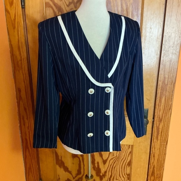 Vtg 80s Navy Blue classic double breasted pinstripe jacket - Picture 5 of 9